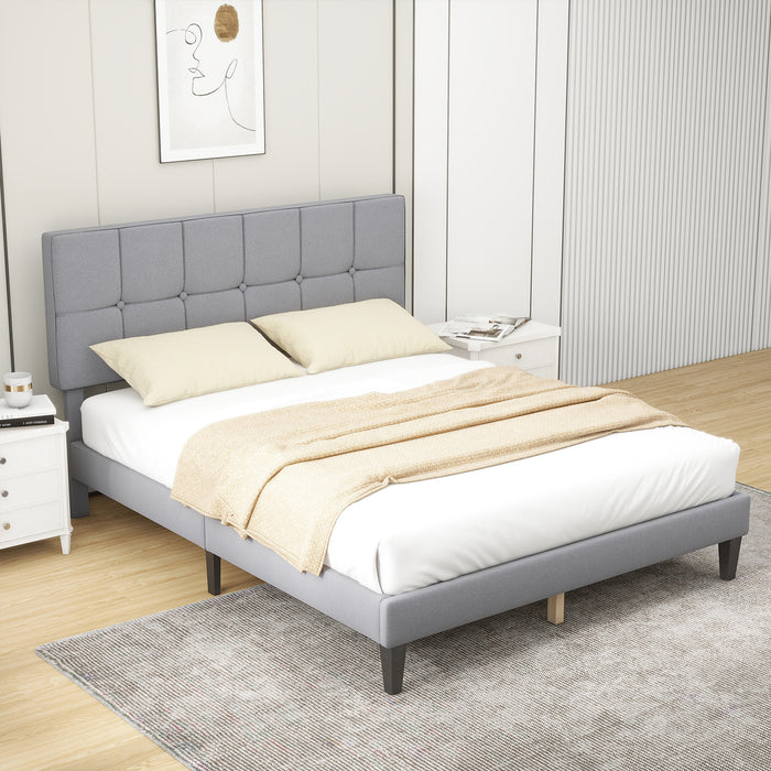 Twin Upholstered Platform Bed Frame with Linen Headboard Wood Slat, Gray