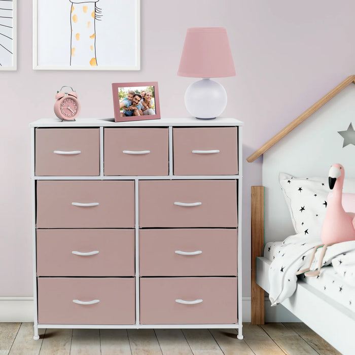 Simenmax 9 Drawers Dresser for Bedroom, Tall Fabric Closet Chests Organizer Tower Furniture with Wooden Top Metal Frame for Bed Room, Living Room, Hallway, Entryway,Pink