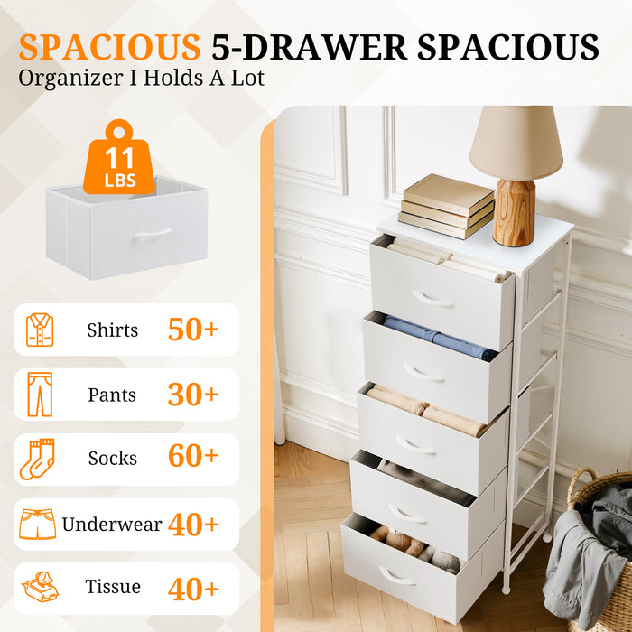 Bigleap 5-Drawer Dresser，5 Drawer Nightstand with Wood Top & Fabric Bins - Slim Storage Cabinet for Bedroom, Closet, Living Room,White