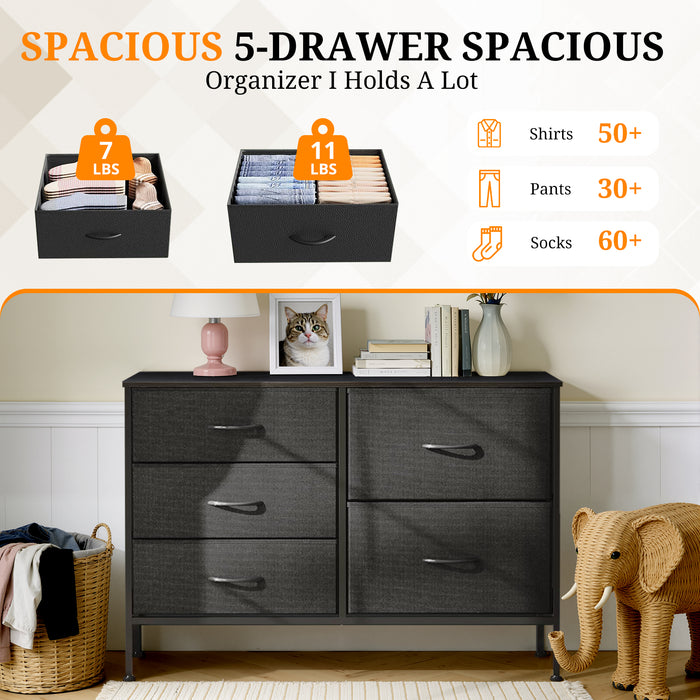 Bigleap 5-Drawer Fabric Dresser, Wide Storage Organizer Dresser for Bedroom, Living Room & Closet,Black