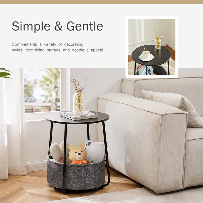 Small Round Side End Table for Living Room, Modern Nightstand Bedside Table with Fabric Basket for Bedroom - Black