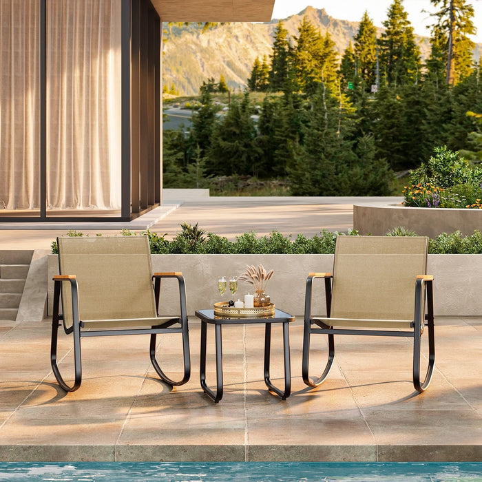 Simenmax 3-Piece Outdoor Rocking Set, Outdoor Furniture Set with Textilene Chairs & Glass-Top Table, Conversation Set of 3 for Porch, Lawn, Garden, Yard, Balcony, Poolside, Brown