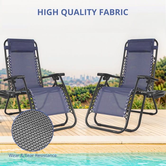 Bigleap Zero Gravity Chairs, Set of 2 Portable Recliner Beach Camping Patio Outdoor Folding Lounge Chair with Cup Holder Trays and Adjustable Pillow for Poolside, Garden, Backyard, Lawn , Blue