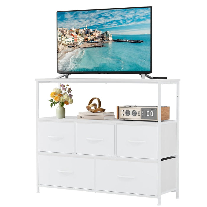 Sybels Modern TV Console with 5 Fabric Drawers for 45" TVs, Media Stand with Open Display Shelf, Minimalist Entertainment Center for Living Room & Bedroom, White