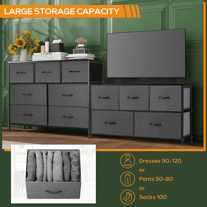 5 Drawer Dresser, Wide Chest Of Drawers Nightstand Storage Tower Storage Dresser Fabric Dresser With Wood Top for Living Room, Bedroom, Hallway, Nursery, Grey