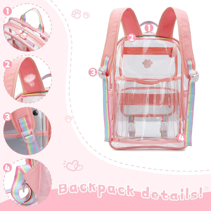 Clear Backpack for Girls, Cute Transparent Heavy Duty Stadium Approved PVC Kids Schoolbag Book Bags With Free Pendant As Gift, Pink