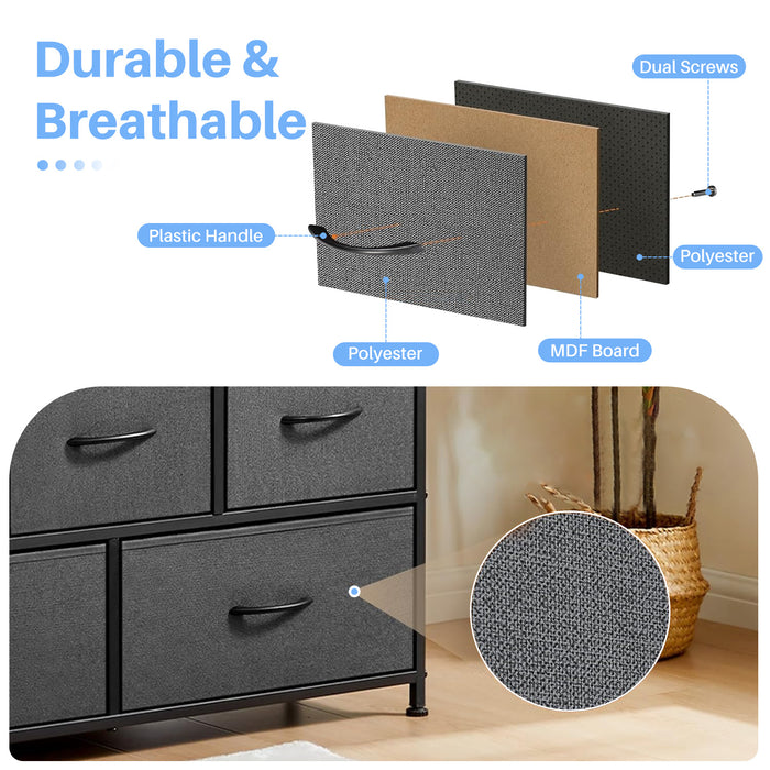 Simenmax 5 Fabric Drawer Dresser TV Stand for Bedroom, Entertainment Center for 45 Inch TV with Storage Drawer Unit, Open Shelf, Adjustable Feet, Living Room, Gray