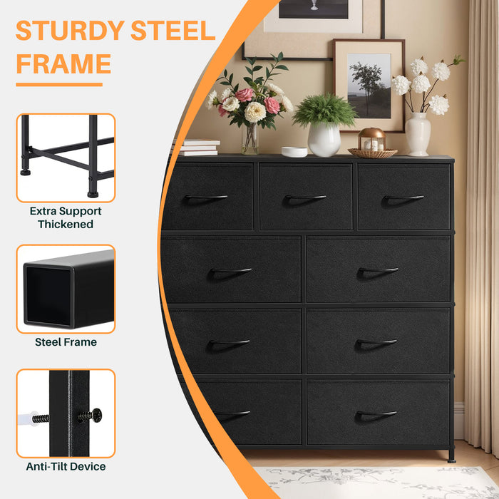 Simenmax 9 Drawer Dresser, Wide Chest Of Drawers Nightstand Storage Tower Storage Dresser Fabric Dresser, Black