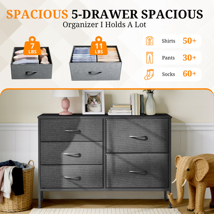 Bigleap 5-Drawer Fabric Dresser, Wide Storage Organizer Dresser for Bedroom, Living Room & Closet,Gray