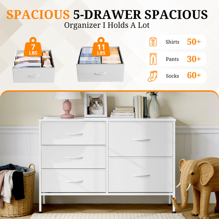 Bigleap 5-Drawer Fabric Dresser, Wide Storage Organizer Dresser for Bedroom, Living Room & Closet,White