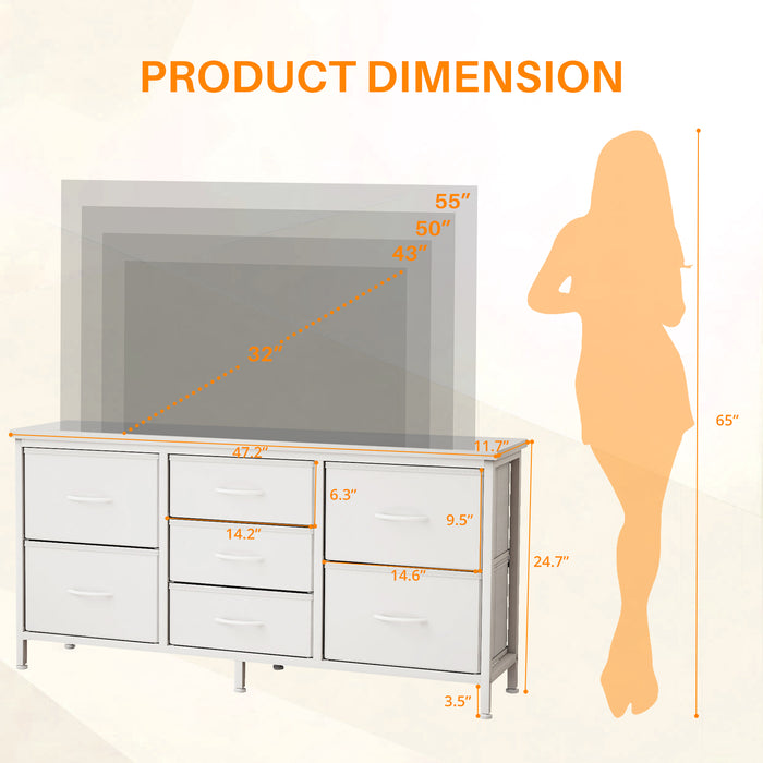Bigleap 7-Drawer Fabric TV Stand with Wood Shelf - Versatile Media Console Dresser for Bedroom, Living Room & Small Spaces, Holds up to 50" TV, White