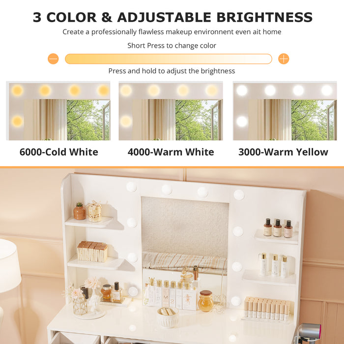 Bigleap Vanity with Mirror and 10 LED Lights, Makeup Vanity Desk with 3 Drawer, 6 Shelves, 2 Cabinet, Dressing Table for Bedroom, White
