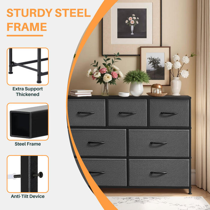 Simenmax 7 Drawer Dresser for Bedroom, Fabric Storage Dresser for Bedroom, Wood and Metal Dresser TV Stand for Living Room, Storage Tower with Bins, Chest of Drawers for Closet, Hallway,Gray