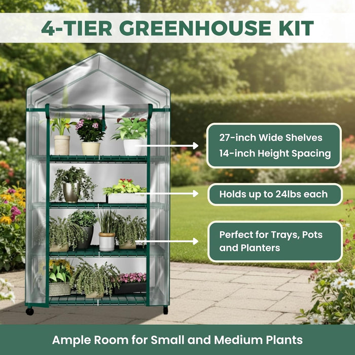 Simenmax 4-Tier Portable Mini Greenhouse, 27'' Plant Shelter with PVC Cover, Roll-Up Door & Stable Stand for Seedling, Herbs, Flowers,Clear