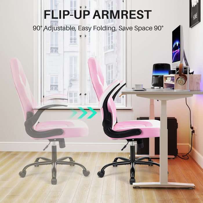 Simenmax Gaming Chair, Ergonomic Office Leather Racing Chair with Flip-up Armrest, White Pink