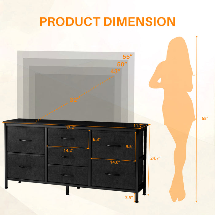 Bigleap 7-Drawer Fabric TV Stand with Wood Shelf - Versatile Media Console Dresser for Bedroom, Living Room & Small Spaces, Holds up to 50" TV, Black