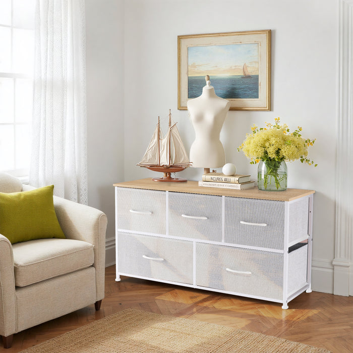 Bigleap 5 Drawers Dresser for Bedroom, Wide Dressers with Drawer Organizers, Chest of Drawers, Fabric Dresser for Living Room, Closet, Hallway,Light Gray
