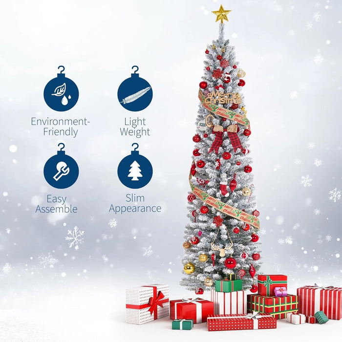 Simenmax 9ft Pre-Lit Snow Flocked Pencil Christmas Tree Hinged Slim Skinny Corner Xmas Tree with Warm Lights Snow Branch Tips, White