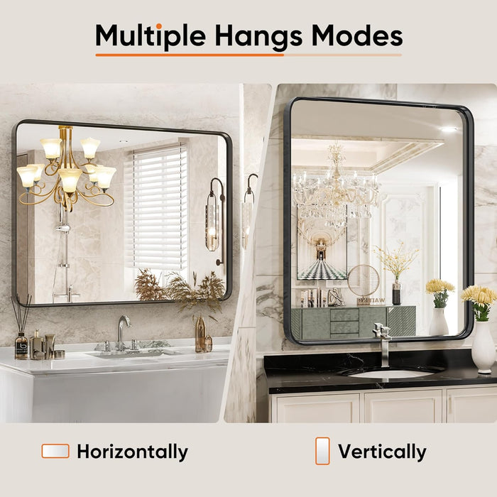 30x40" Black Vanity Bathroom Mirror for Wall, Metal Framed Rounded Rectangular Modern Mirrors for Over Sink, Farmhouse, Tempered Glass, Hangs Horizontally or Vertically