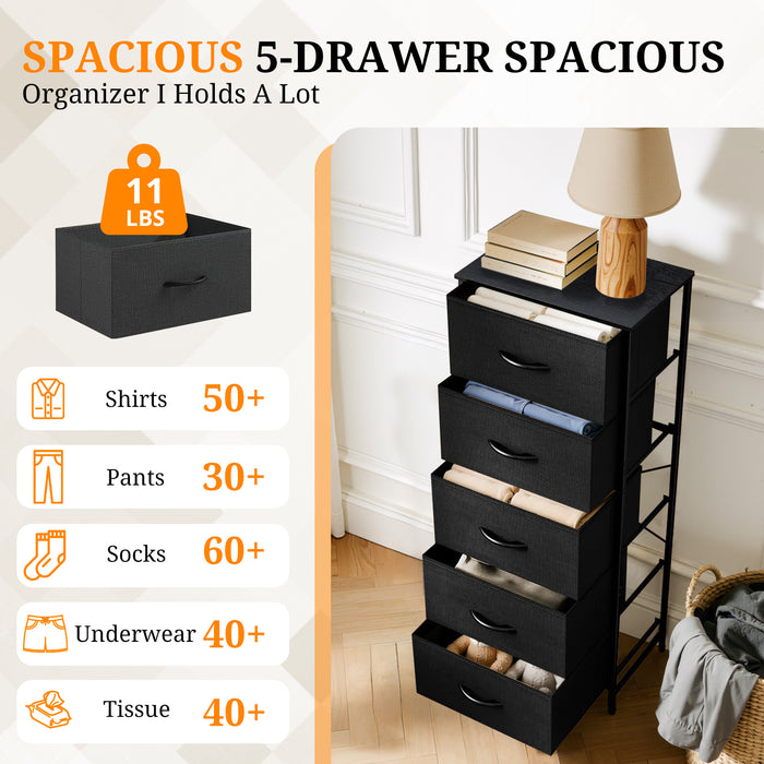 Bigleap 5-Drawer Dresser，5 Drawer Nightstand with Wood Top & Fabric Bins - Slim Storage Cabinet for Bedroom, Closet, Living Room,Black