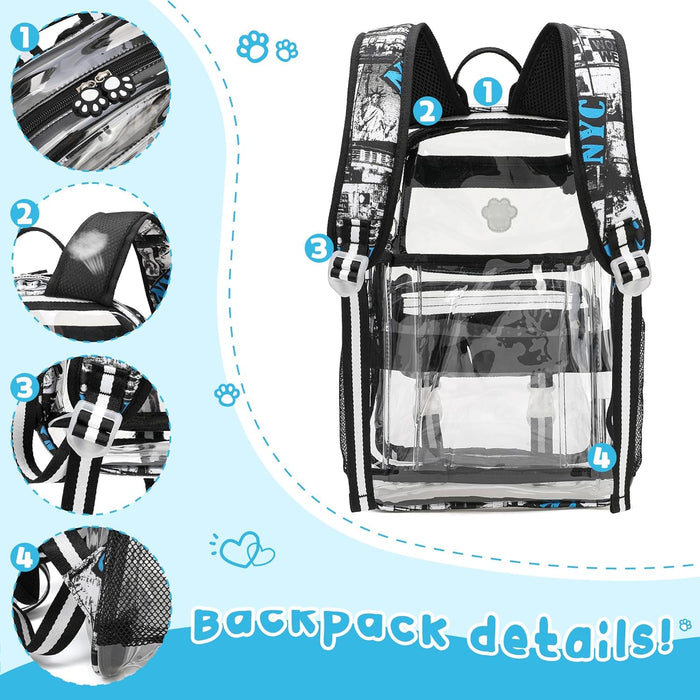 Clear Backpack for Boys, Cute Transparent Heavy Duty Stadium Approved PVC Kids Schoolbag Book Bags With Free Pendant As Gift, Black