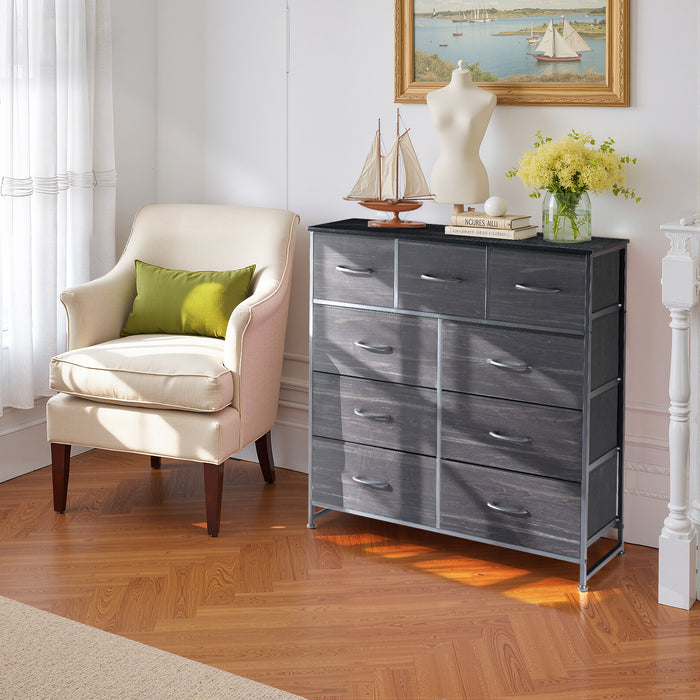 Bigleap 9 Drawers Dresser for Bedroom, Fabric Dresser with Sturdy Steel Frame, Wooden Top & Easy Pull Fabric Bins,Black Wood