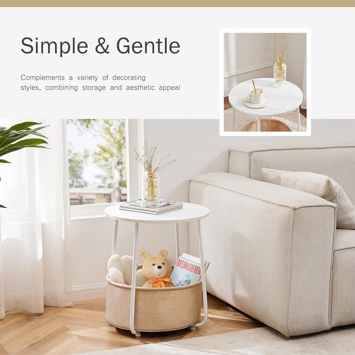 Small Round Side End Table for Living Room, Modern Nightstand Bedside Table with Fabric Basket for Bedroom - White