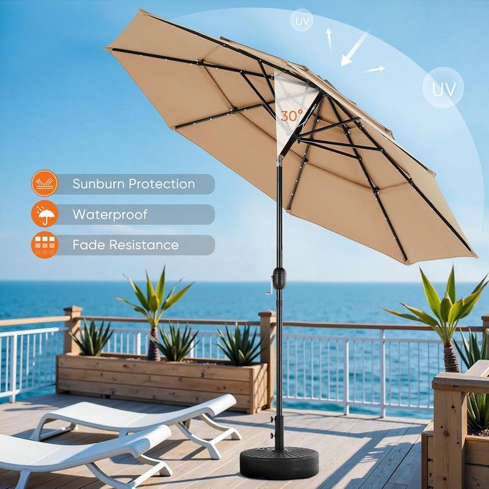 Sybels 9.2FT Solar Patio Umbrella with 32 LED Lights, 3-Tier Tilt, Outdoor Market Umbrella for Backyard, Beach, Garden