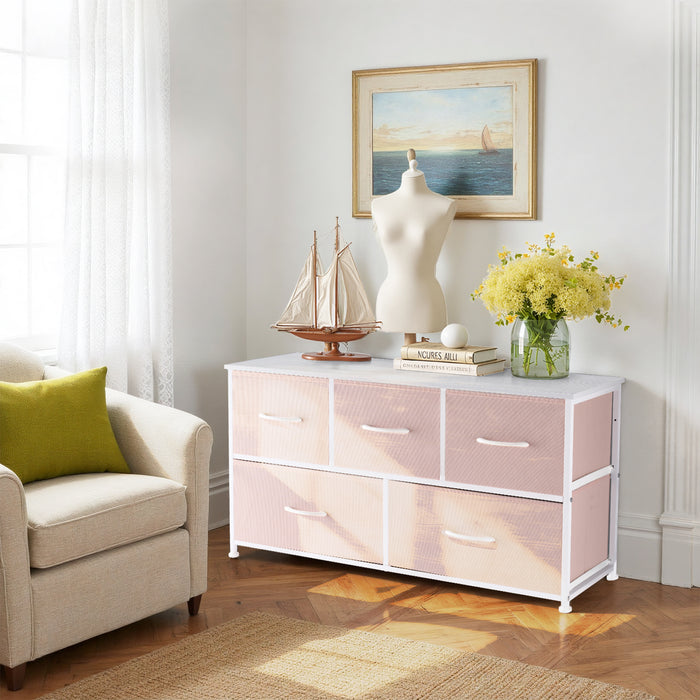 Bigleap 5 Drawers Dresser for Bedroom, Wide Dressers with Drawer Organizers, Chest of Drawers, Fabric Dresser for Living Room, Closet, Hallway,Pink