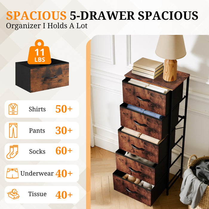 Bigleap 5-Drawer Dresser，5 Drawer Nightstand with Wood Top & Fabric Bins - Slim Storage Cabinet for Bedroom, Closet, Living Room,Brown