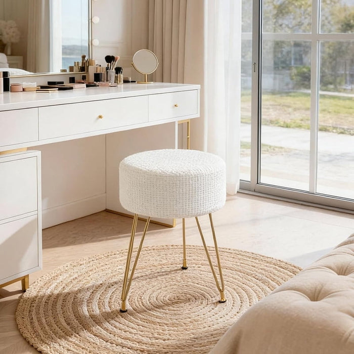 Bigleap White Vanity Stool, Round Ottoman Foot Rest with Gold Metal Legs, Dressing Table Seat for Bedroom, Living Room