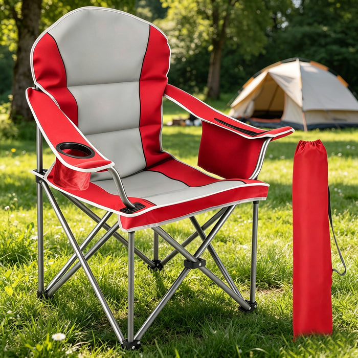 Simenmax Oversized Camping Chair, Heavy Duty Folding Chair with Cup Holder & Cooler Pouch for Fishing, Hiking, Picnic, Beach,RedGray