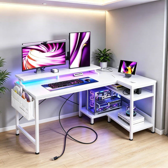 Betcozy L Shaped Gaming Desk with LED Lights and Power Outlet, 40" Corner Computer Desk with Full Monitor Stand, Small Space Home Office Workstation with Storage Shelves and Side Pocket, White