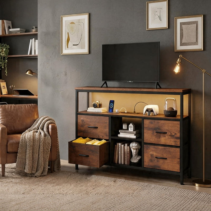 Betcozy TV Stand with LED Lights, Modern Entertainment Center with 4 Storage Drawers, 43" Media Console for Bedroom & Small Spaces, 1.5mm Heavy-Duty Frame, Brown