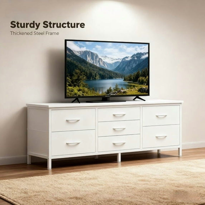 Blorly 7 Drawers Dresser, Storage Dresser Organizer with Drawers, Chest of Drawers, TV Stand Dresser with Metal Frame and Wood Tabletop for Bedroom, Guest Room, Closet, Entryway, Nursery, White