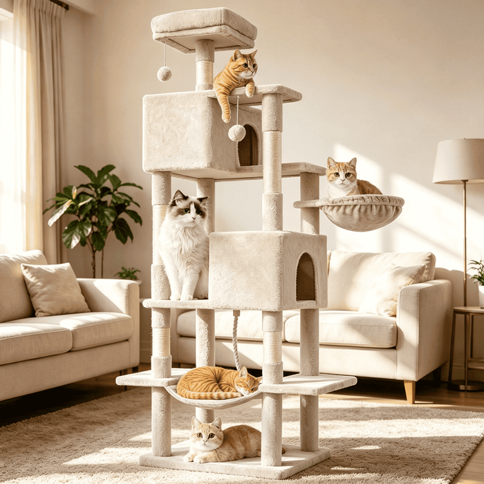 Taoset 66-Inch Cat Tree, Beige Cat Tower with Sisal Scratching Post, Multi-Level Plush Pet' Toy Tree with Climbing Ladder
