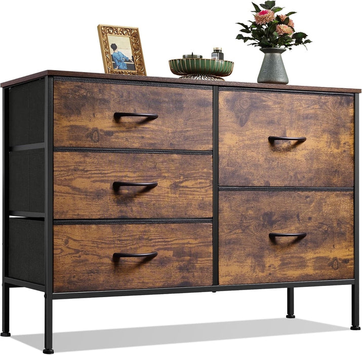 Bigleap 5-Drawer Fabric Dresser, Wide Storage Organizer Dresser for Bedroom, Living Room & Closet,Brown