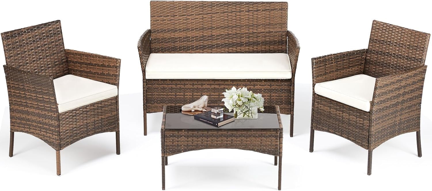 Betcozy 4 PCS Patio Furniture Set, Outdoor Wicker Rattan Conversation Patio Chair Sets with Glass Table, Cushion for Garden, Terrace, Porch, Bistro, Balcony, Beige