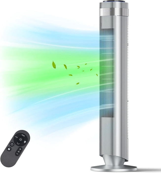 Simenmax Tower Fan, 36'' Bladeless Floor Fan with Remote, 12H Timer, 5 Speeds & 4 Modes, 28dB Quiet Standing Fan for Bedroom, Home, and Office,Silver