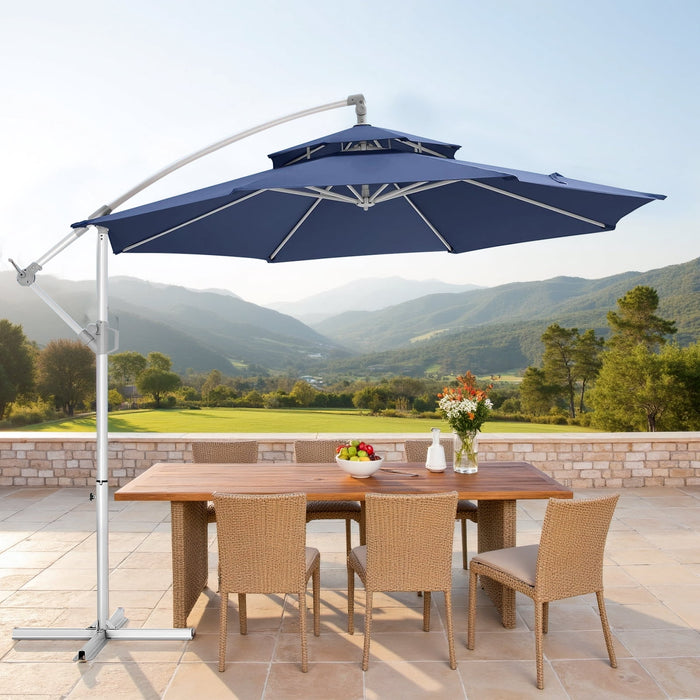 Betcozy 10' Outdoor Patio Umbrella, 2 Tiers Offset Hanging Umbrella, UPF50+ Large Umbrella for Patio, Yard, Pool Side, 8 Sturdy Ribs, Push Button Tilt and Crank, Blue