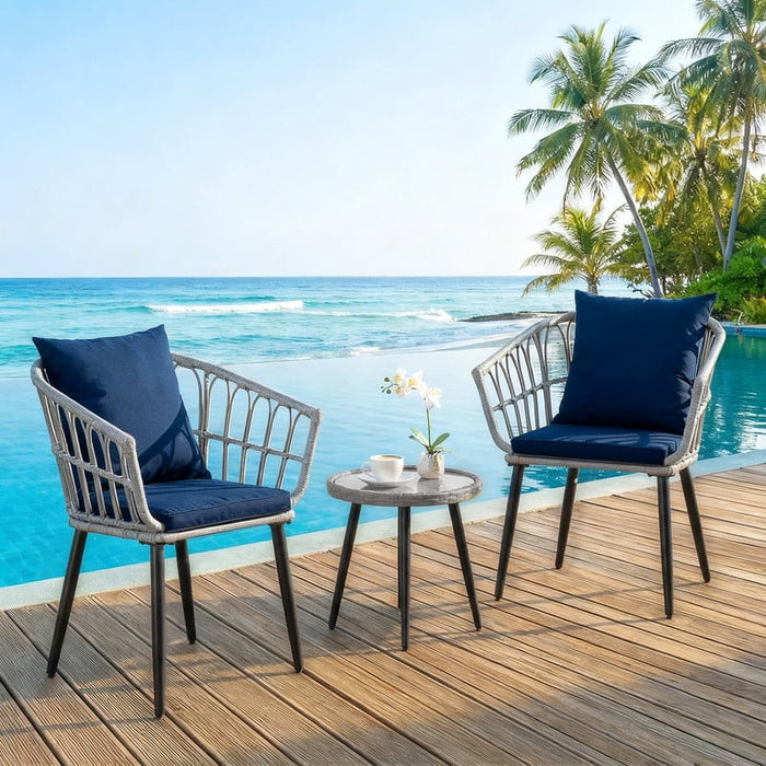 Simenmax 3 Piece Patio Wicker Furniture Set, Outdoor Rattan Chairs with Tempered Glass Coffee Table, Comfortable Washable Cushions for Balcony, Backyard, Poolside, Blue Gray