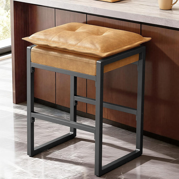 Blorly Bar Stools with Double Cushion, Modern PU Leather Counter Height Chairs, Metal Base & Footrest for Kitchen Island, Dining Room, Bar, Supports 396 lbs, Brown