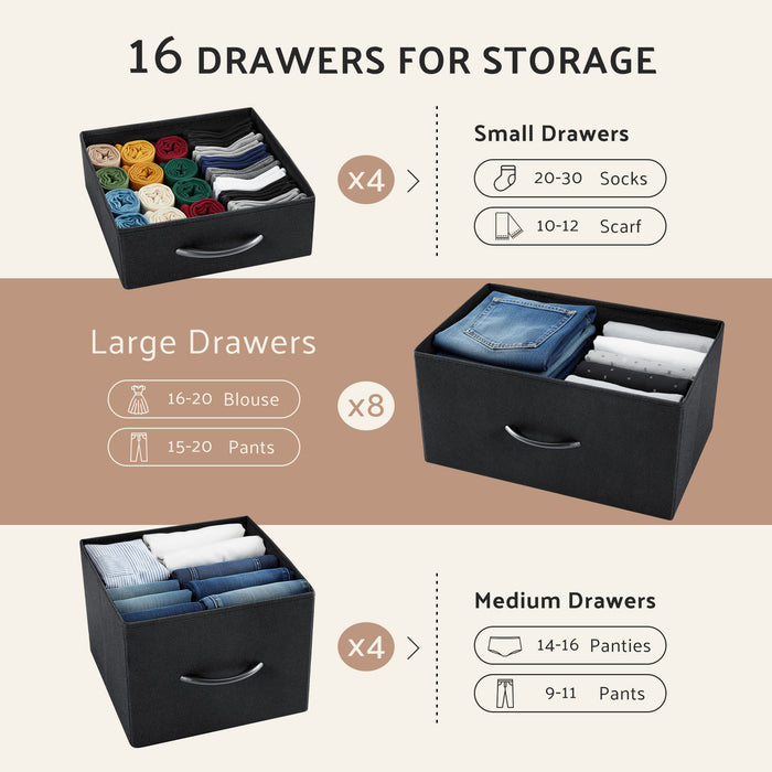 Bigleap 57-Inch Tall Dresser with 16 Fabric Drawers - Sturdy Metal Frame Storage Cabinet for Bedroom, Closet, Entryway,Black