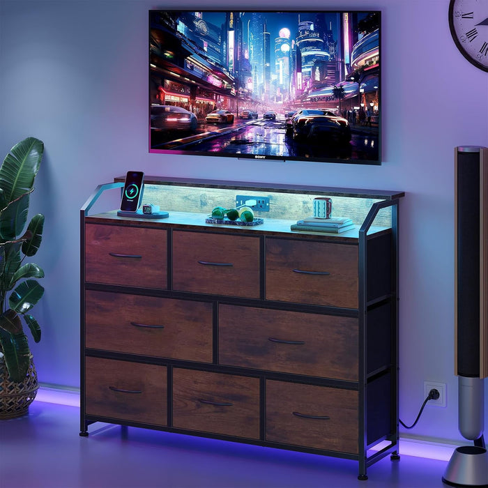 Blorly 9 Drawer TV Stand with LED Lights, Tall Dresser for Bedroom & Living Room, Entertainment Center for 45 inch TV, Organization Hub, Rust Brown