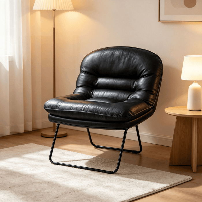 Blorly Oversized Folding Accent Chair, 300 lbs Heavy Duty Detachable Lounge Chair with Padded Faux Leather, Modern Saucer Sofa Chair for Living Room, Bedroom & Small Spaces, Black