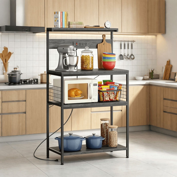Betcozy Baker's Rack with Power Outlet, 4-Tier Kitchen Storage Shelf with Waterproof & Anti-Scratch Desktop, Industrial Coffee Bar Station for Microwave, 31.5" Wide, Gray