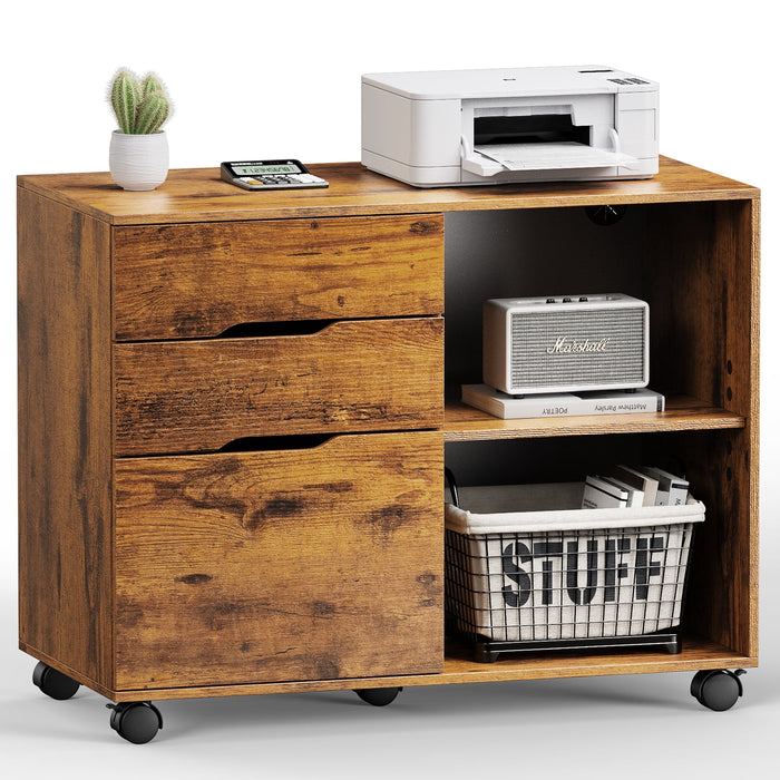 Bigleap 3-Drawer File Cabinet, Mobile Printer Stand with Open Shelves & Locking Wheels, Wood Rolling Storage Cabinet for Home Office Desk Organization,Brown