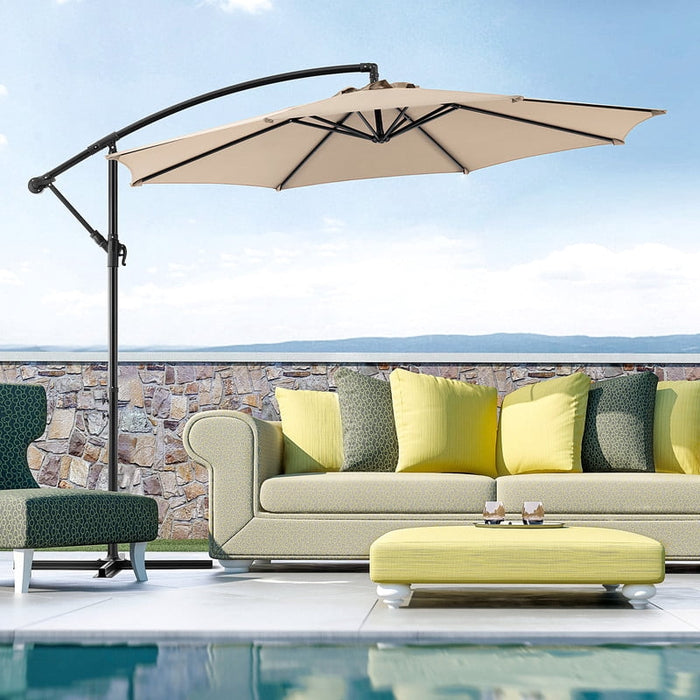 Simenmax 9.8FT Offset Cantilever Patio Umbrella, Heavy Duty Outdoor Hanging Market Umbrella with Crank Lift for Backyard, Pool, Garden, Deck (Khaki)