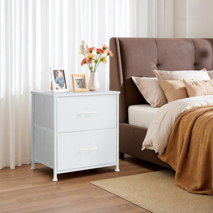 Betcozy 2-Drawer Fabric Nightstand Dresser, Modern Bedside End Table & Small Space Organizer, Wooden Top, White