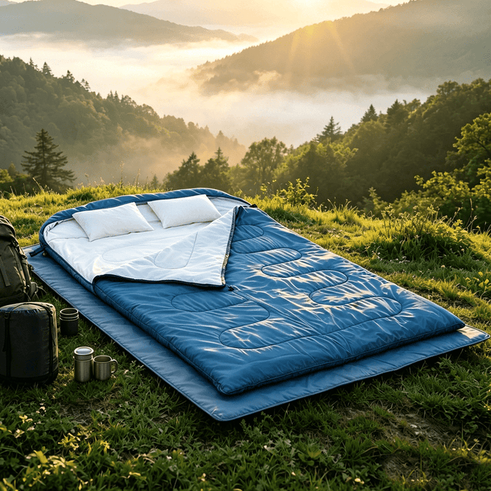 Betcozy Detachable Double Sleeping Bag for Adults with 2 Pillows, 2-in-1 Queen Size Camping Sleeping Bag to Single Bag, Washable Sleeping Bag for Couples, Backpacking, Blue